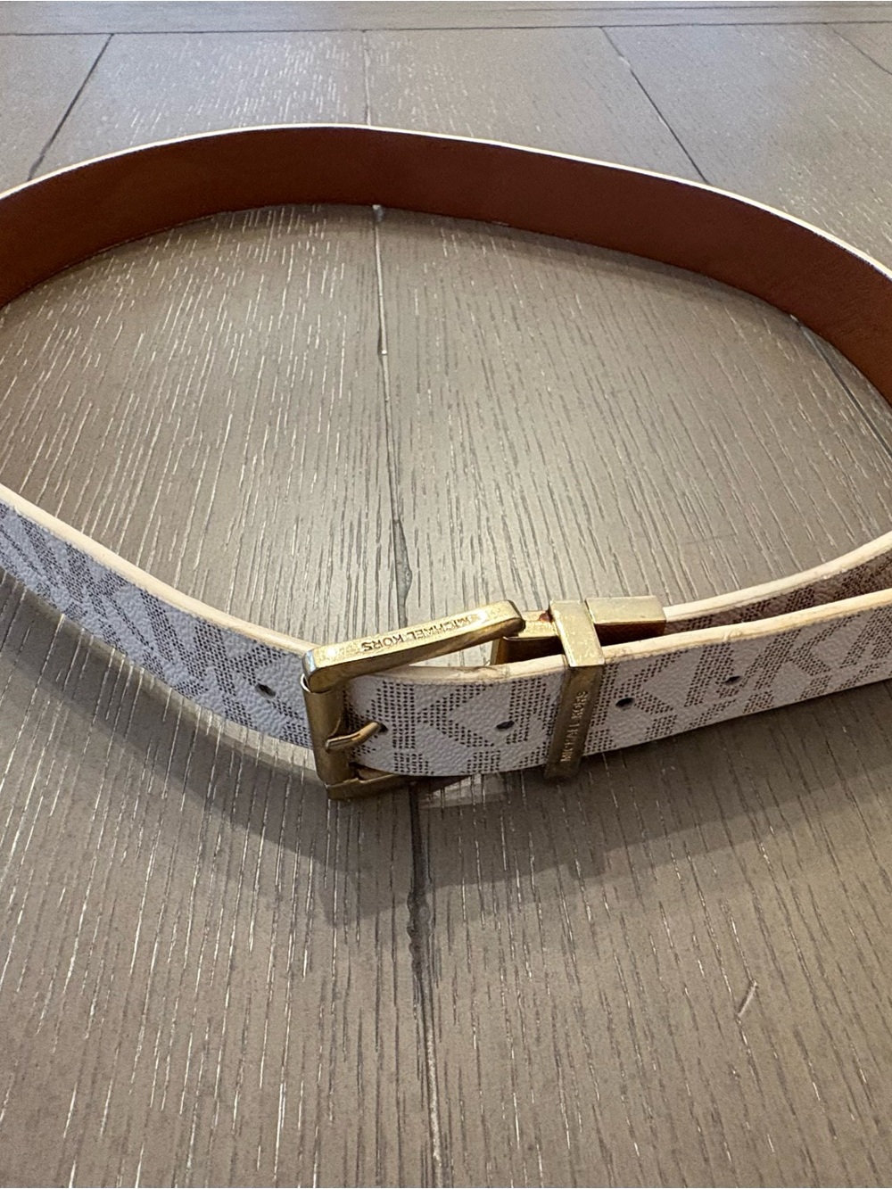 Michael Kors Beige Logo Belt with Gold Buckle